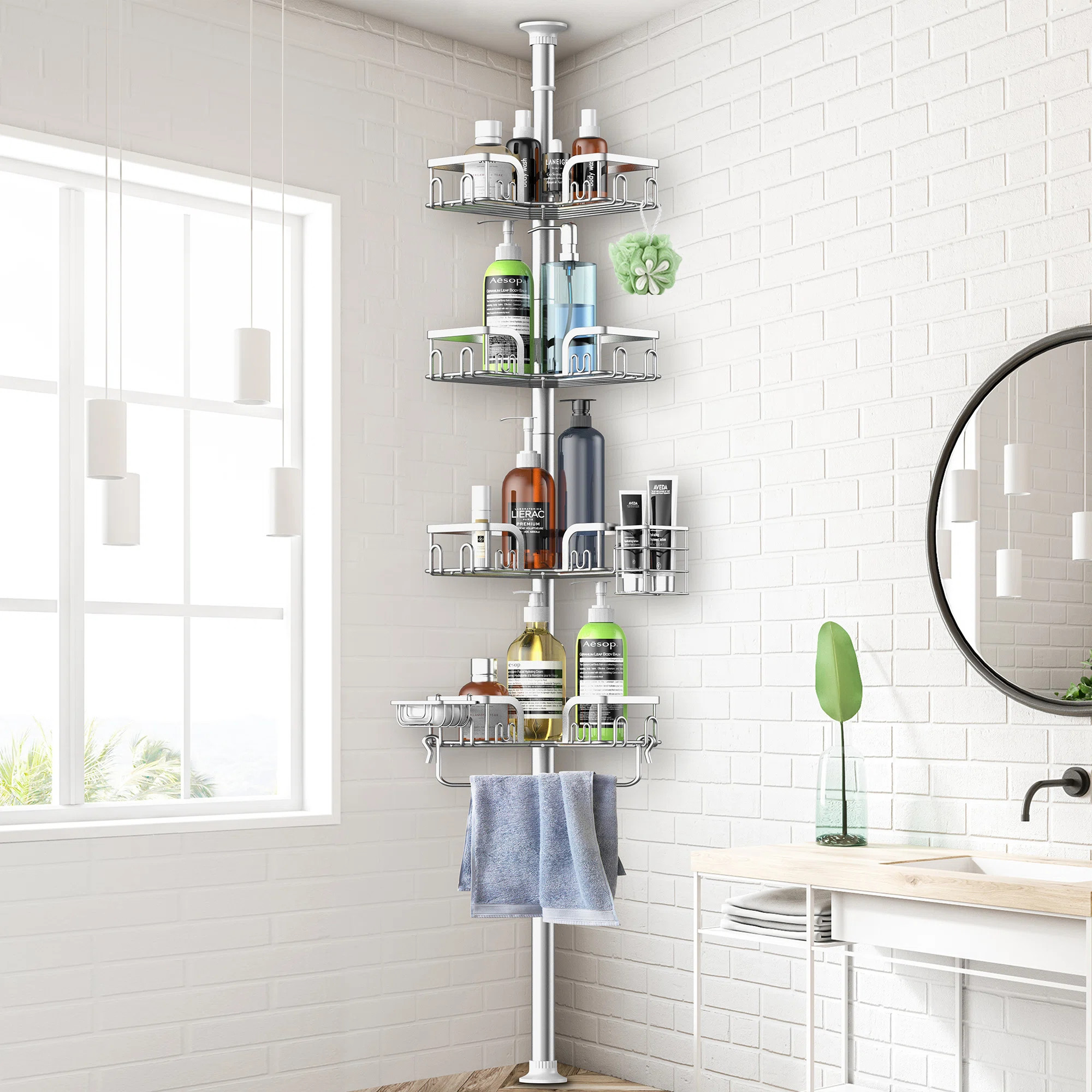 Saraih Silver Stainless Steel Bathroom Towel Rack Tension Corner Shower Caddy Single Panel | Wayfair North America