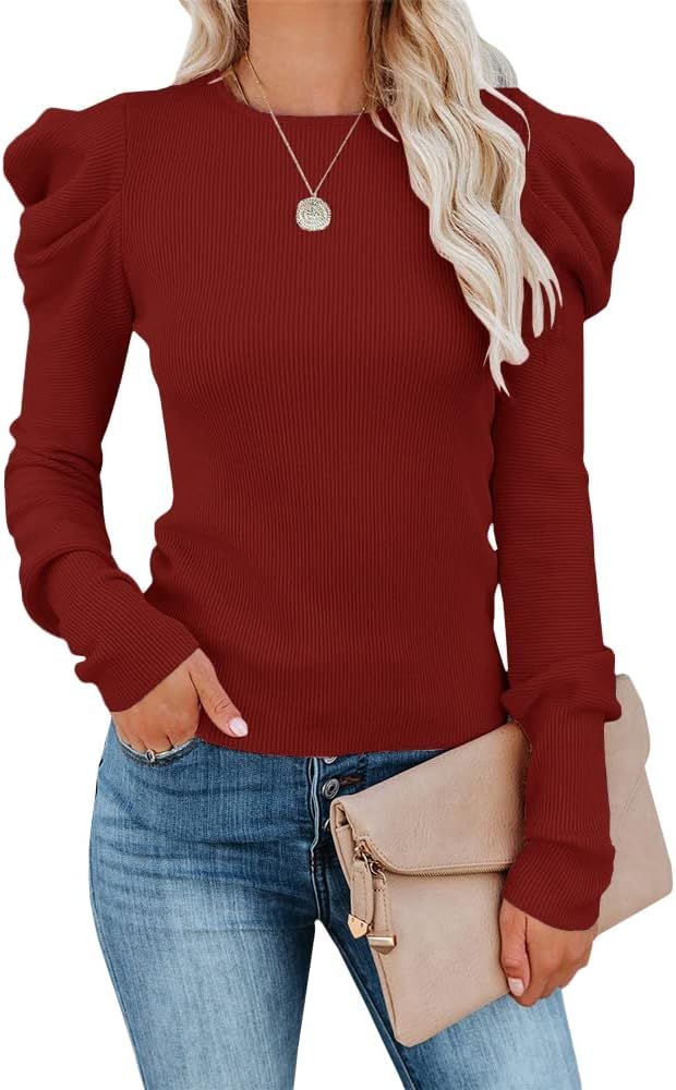 MIRACMODA Woman Autumn Puff Sleeve Crew Neck Knit Sweater Long Sleeve Stretchy Pullover Top | Amazon (US)