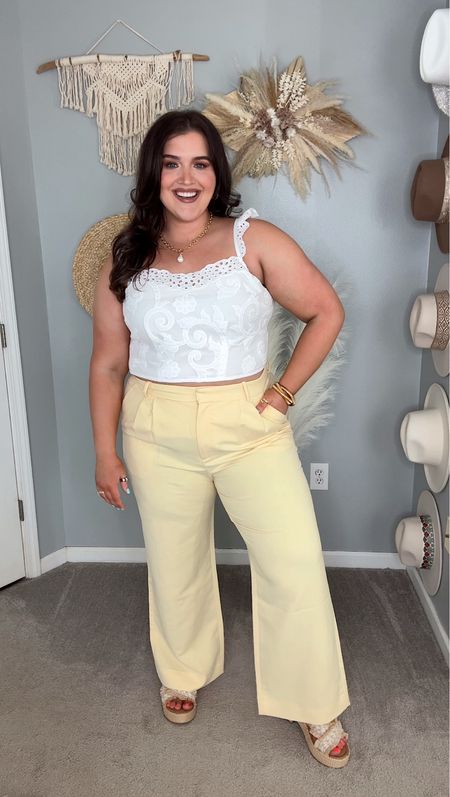 Pop of color for Spring ☀️🤍🌼 
White ruffle eyelet crop top XL, tailored yellow sloane pants 34. 

#LTKplussize #LTKstyletip #LTKSeasonal