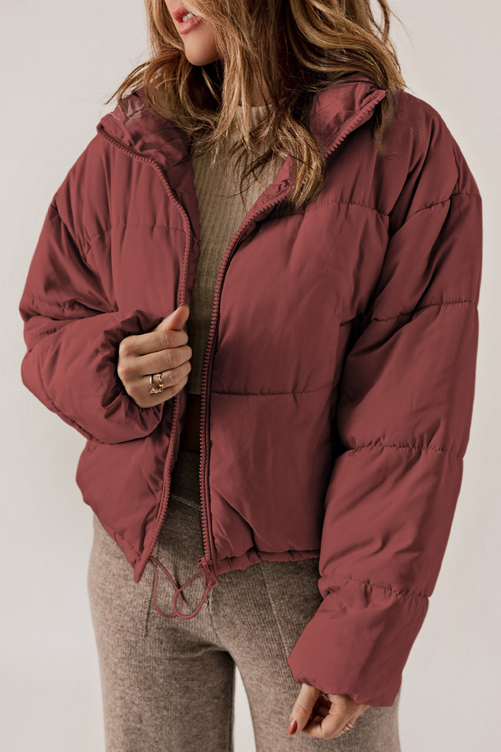 Biking Red Zip Up Drawstring Hem Pocket Puffer Coat | Shewin