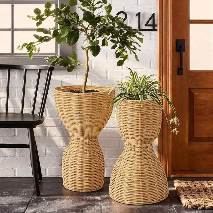 2 Pcs 20 in Tall Wicker Reversible Outdoor Planter Basket Boho Rattan Plant Pots Decorative Woven... | Amazon (US)