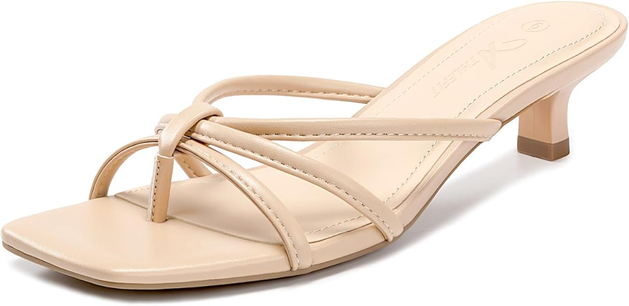 Athlefit Women's Strappy Kitten Heels Square Toe Flip Flop Low Heels Slip On Thong Heeled Sandals | Amazon (US)
