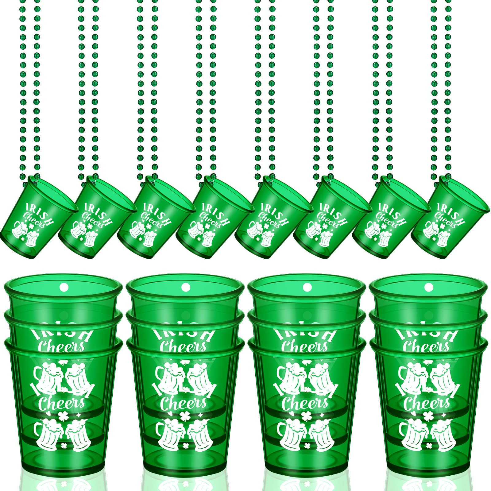 20 Pcs St Patrick's Day Shot Glasses Bead Necklaces Green Shamrock Shot Necklace Cups Irish Cheer... | Amazon (US)