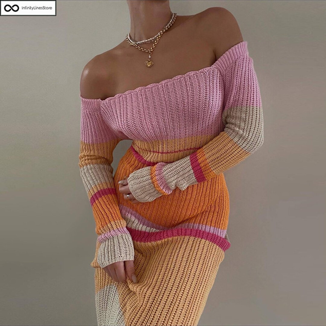 Knitted Striped Dress, Women Off Shoulder Dress, Beach Colorful Dress, Long Sleeve Boho Dress, Bo... | Etsy (UK)