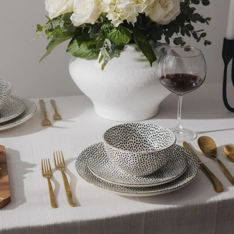 Thyme & Table Dot 12-Piece Ceramic Dinnerware Set Black and White | Walmart (US)