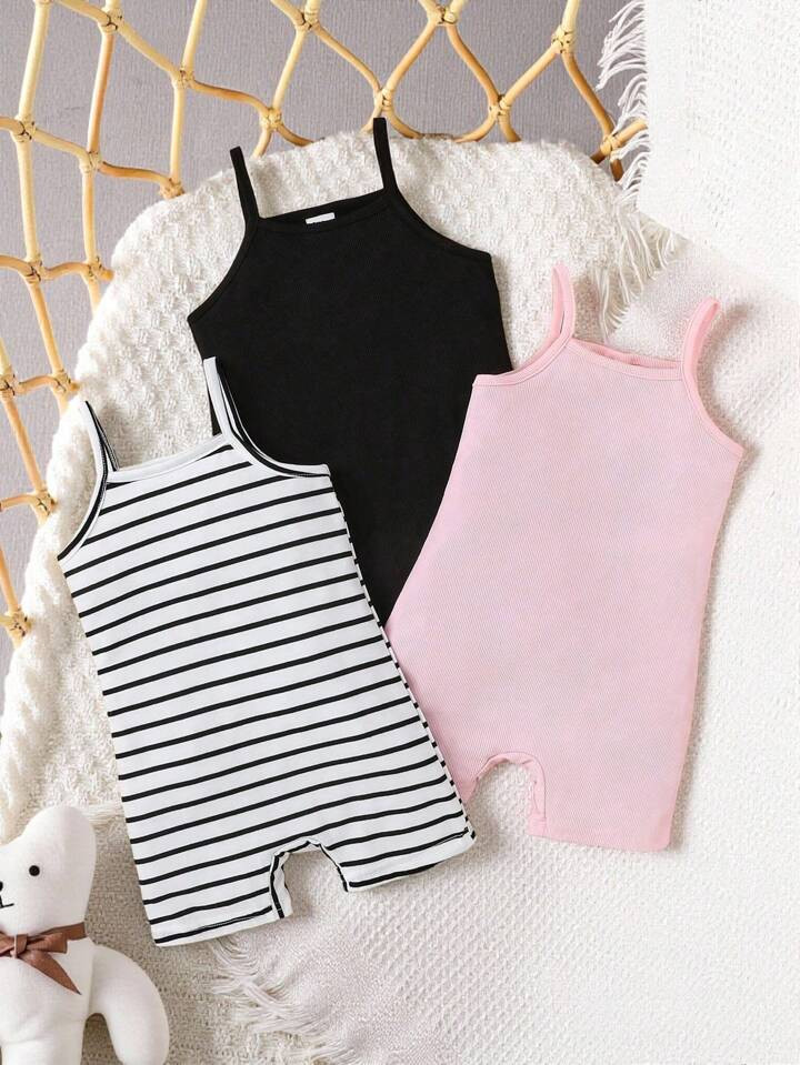 SHEIN 3pcs/Set Infant Baby Girl Casual Versatile Soft & Gentle Jumpsuit, White, Pink, Striped Sus... | SHEIN