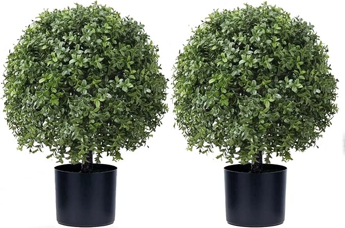 Set of 2 -Pre-Potted Artificial Potted Shrubs UV Resistant,24" Artificial Boxwood Topiary Ball Tr... | Amazon (US)