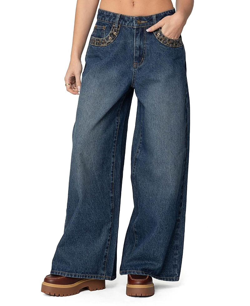 Edikted Gwen Leopard Detail Low Rise Dark Rinse Wash Jeans | Bloomingdale's (US)