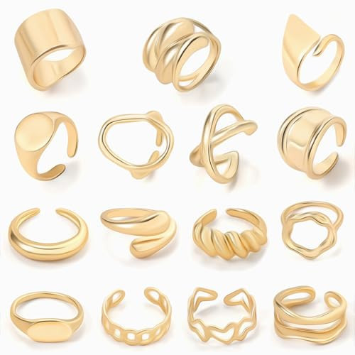 XIUQILAI 15 Pcs Gold Rings Set for Women, 18K Gold Plated Chunky Knuckle Stackable Signet Rings, That Don't Tarnish Gold Rings, Non Tarnish Adjustable Dome Signet Rings Gold Jewelry Pack | Amazon (US)