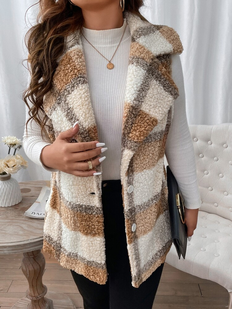 Plus Plaid Pattern Lapel Neck Teddy Vest Coat | SHEIN