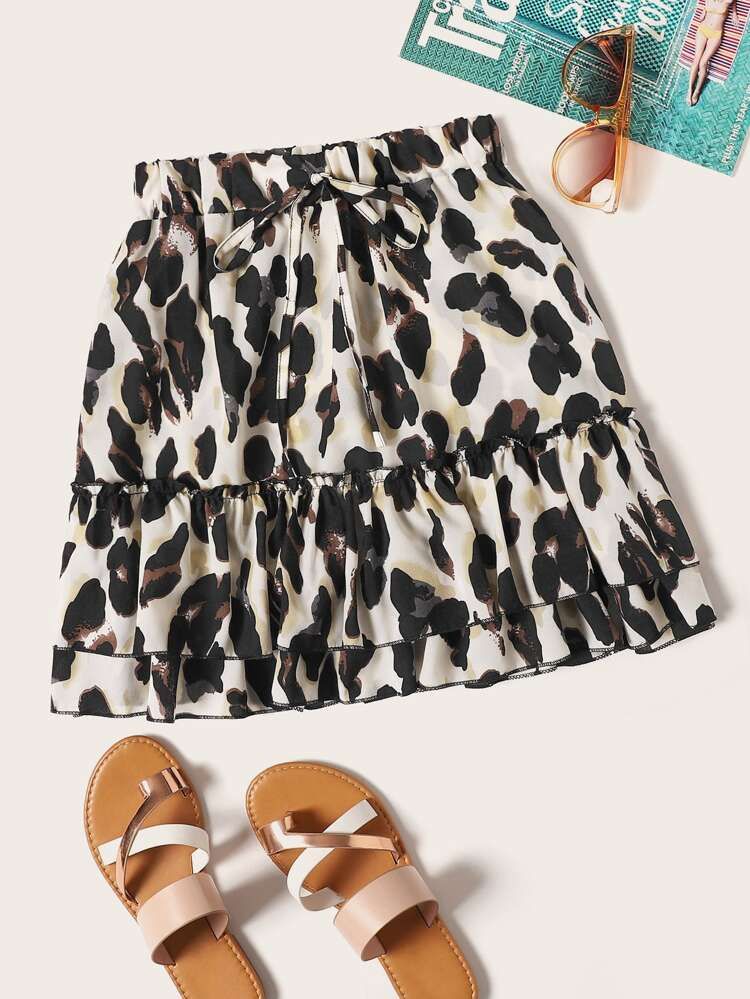 Leopard Print Drawstring Waist Ruffle Hem Skirt | SHEIN