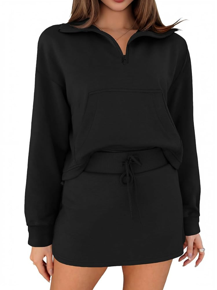 Fisoew Womens Sweatsuits 2 Piece Outfits Quarter Zip Cropped Sweatshirts Casual Mini Skorts Loung... | Amazon (US)