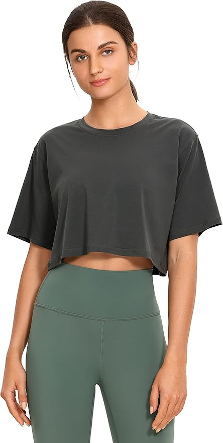 CRZ YOGA Women's Pima Cotton Workout Crop Tops Short Sleeve Yoga Shirts Casual Athletic Running T... | Amazon (US)