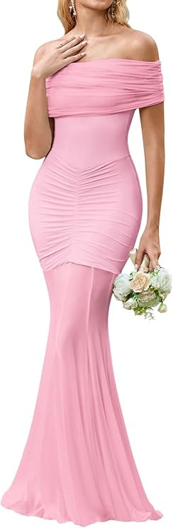HTZMO Women Sexy Off Shoulder Bodycon Maxi Dress Strapless Ruched Wedding Guest Formal Party Long... | Amazon (US)