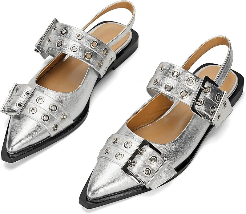 Buckle Ballet Flats for Women Slingback Flats Ballerinas Flats with Straps Pointe Toe Casual Dres... | Amazon (US)