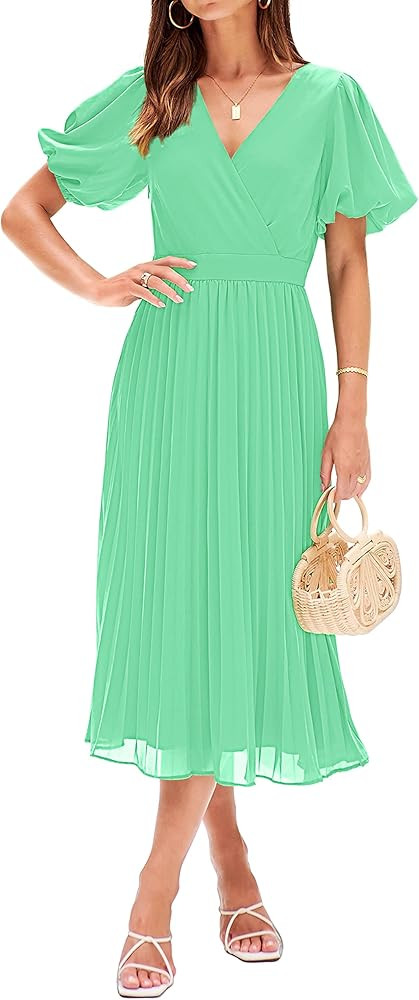 MEROKEETY Womens 2023 Summer Puff Sleeve Wrap V Neck Pleated Flowy Midi Dress for Wedding Guest | Amazon (US)