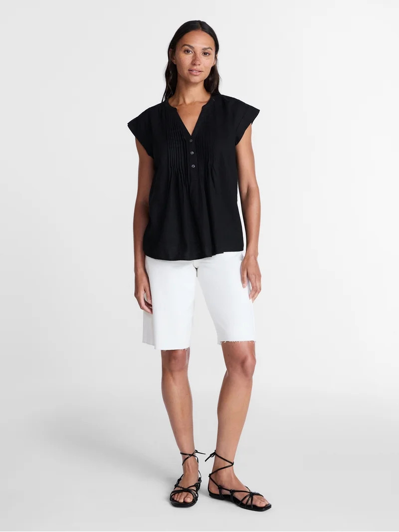 Time and Tru Women's Linen Blend Pintuck Top with Short Sleeves, Size XS-XXXL | Walmart (US)