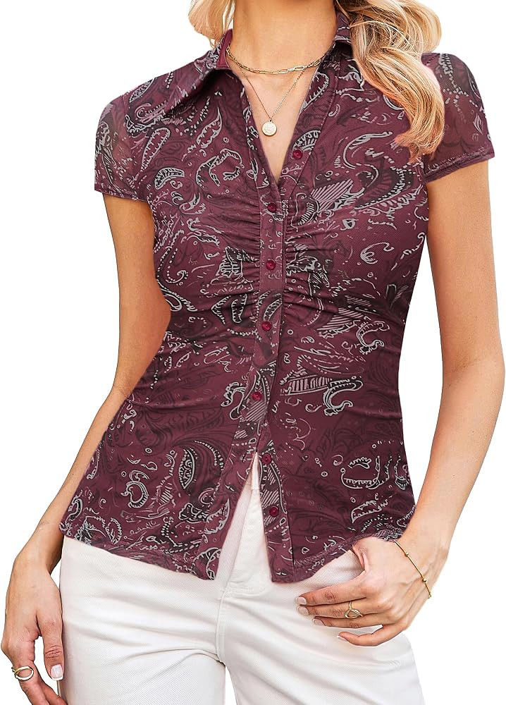 GRACE KARIN 2026 Women Mesh Boho Tops Dressy Casual Floral Work Blouses | Amazon (US)