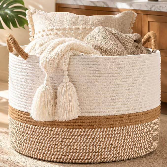 KAKAMAY Large Blanket Basket with Handles, Storage Basket for Living Room | Amazon (US)