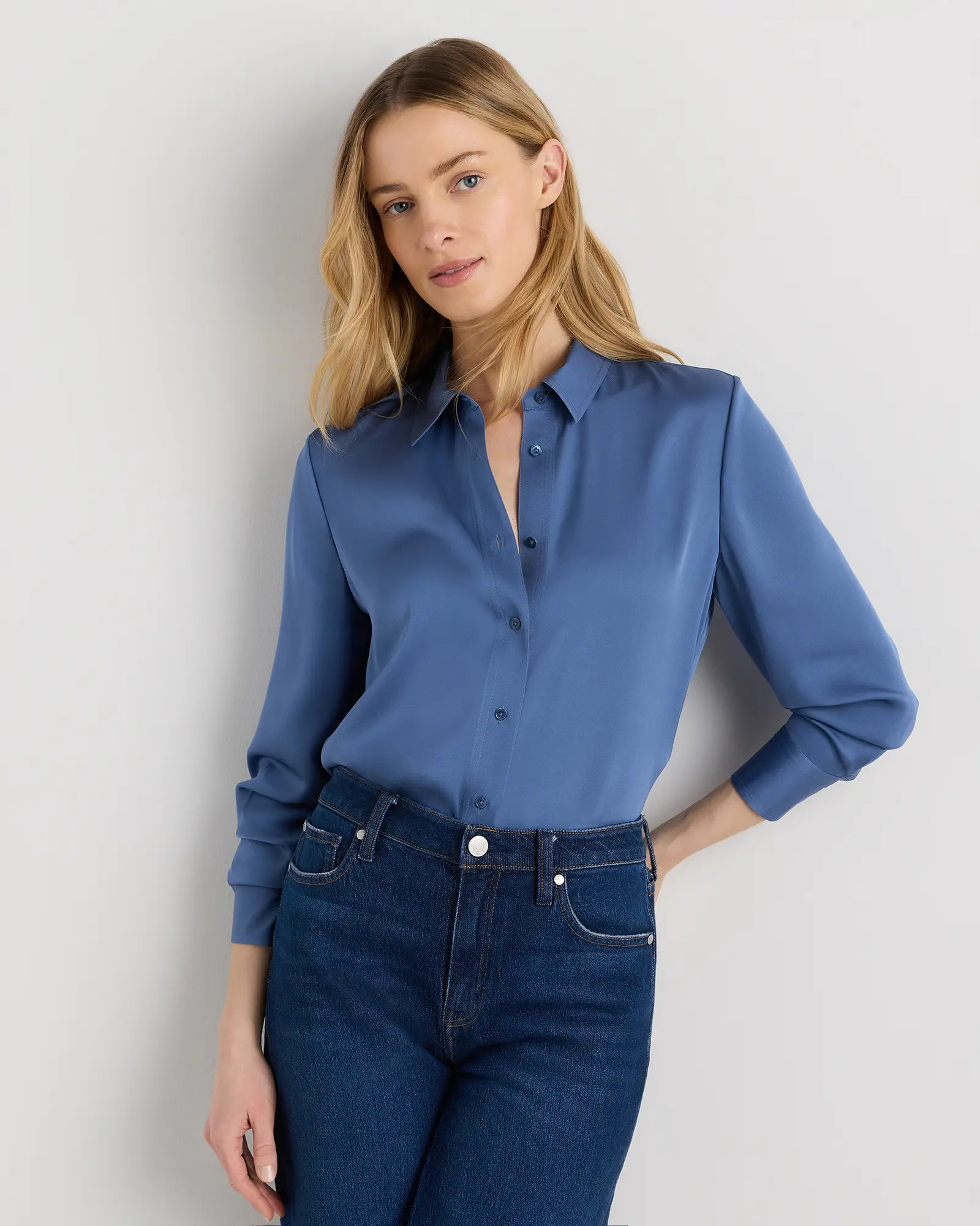 Washable Stretch Silk Blouse in Moonstone Blue | Quince