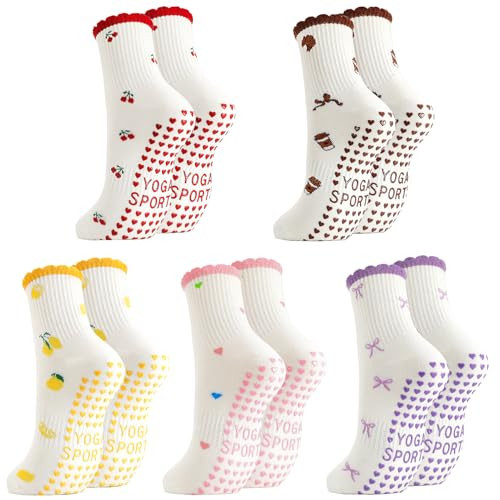 scenicamp 5 Pairs Cute Pilates Socks for Women, Ruffle Frilly Yoga Socks Non Slip Cotton Crew Socks Embroidery Pattern Workout Ballet Sock,red+pink+yellow+purple+brown | Amazon (US)