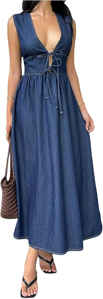 Milumia Women's Sexy Deep V Neck Denim Tank Dress Tie Front Ruffle A Line Long Jean Dresses | Amazon (US)