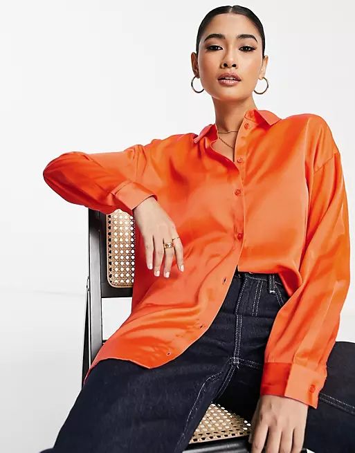 Vero Moda satin oversized shirt in bright orange - part of a set | ASOS (Global)