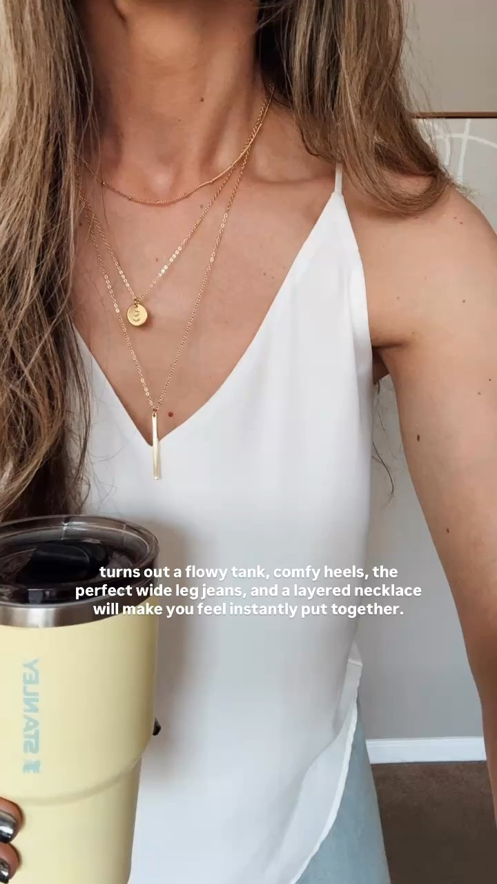✔️ flowy tank ✔️best wide leg jeans ✔️ dainty layered necklace ✔️epically comfortable heels 

the quickest way to feel put together 🙌🏻

loose tank top | layered gold necklace | wide leg jeans | comfortable nude heels 

#LTKFindsUnder50