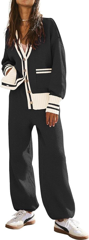 ETCYY NEW Women's Two Piece Sweater Set Oversized Knit Cardigan and High Waisted Baggy Pants Matc... | Amazon (US)