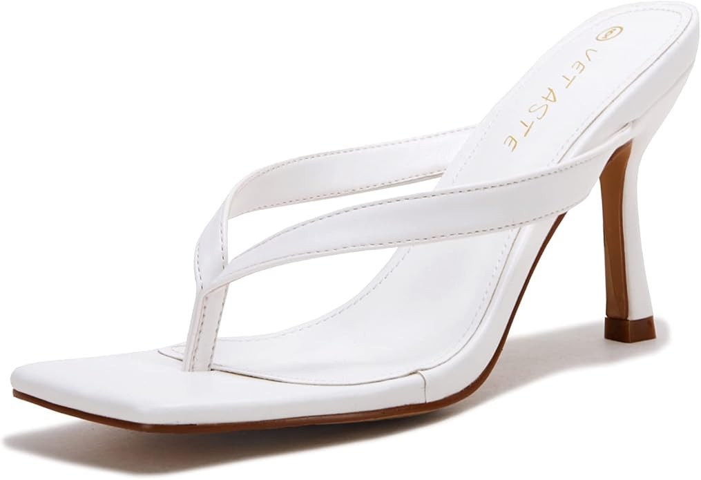 VETASTE Womens Kitten Thong Heels Square Toe Heeled Flip Flops Mule Stiletto Dress Party Sandals | Amazon (US)