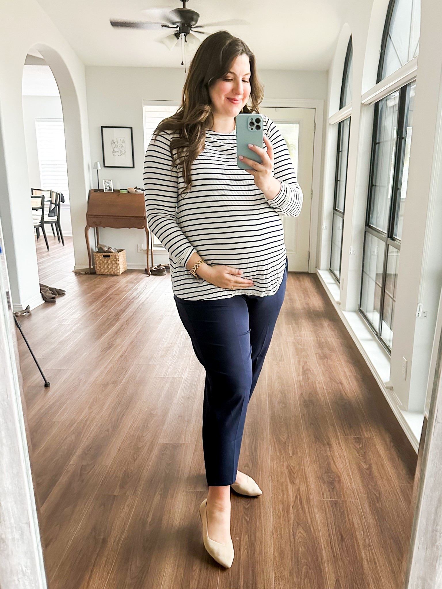 Workwear #ootd 3/3/25 

Finally found a striped maternity top that felt good on and wasn’t just a box! 

I’ve also linked my favorite non maternity striped top! 

Womens business professional workwear and business casual workwear and office outfits midsize outfit midsize style maternity workwear style 

#LTKWorkwear #LTKBump #LTKFindsUnder100
