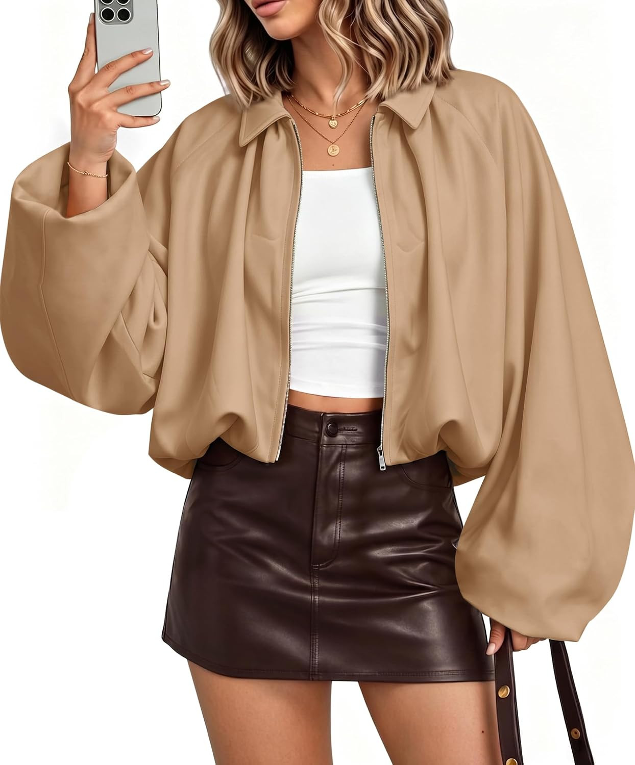 Womens Oversized Bomber Jackets Puff Sleeve Pleated Cropped Coats | Amazon (US)