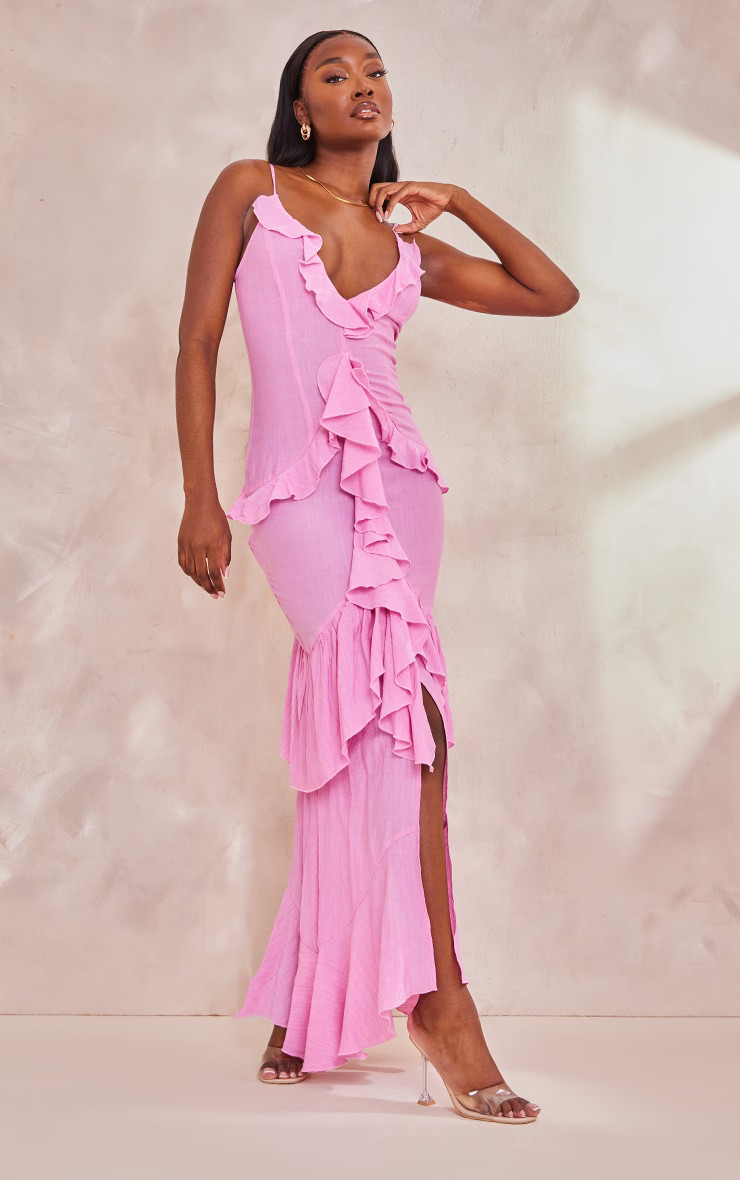 Tall Pink Textured Frill Maxi Dress | PrettyLittleThing US