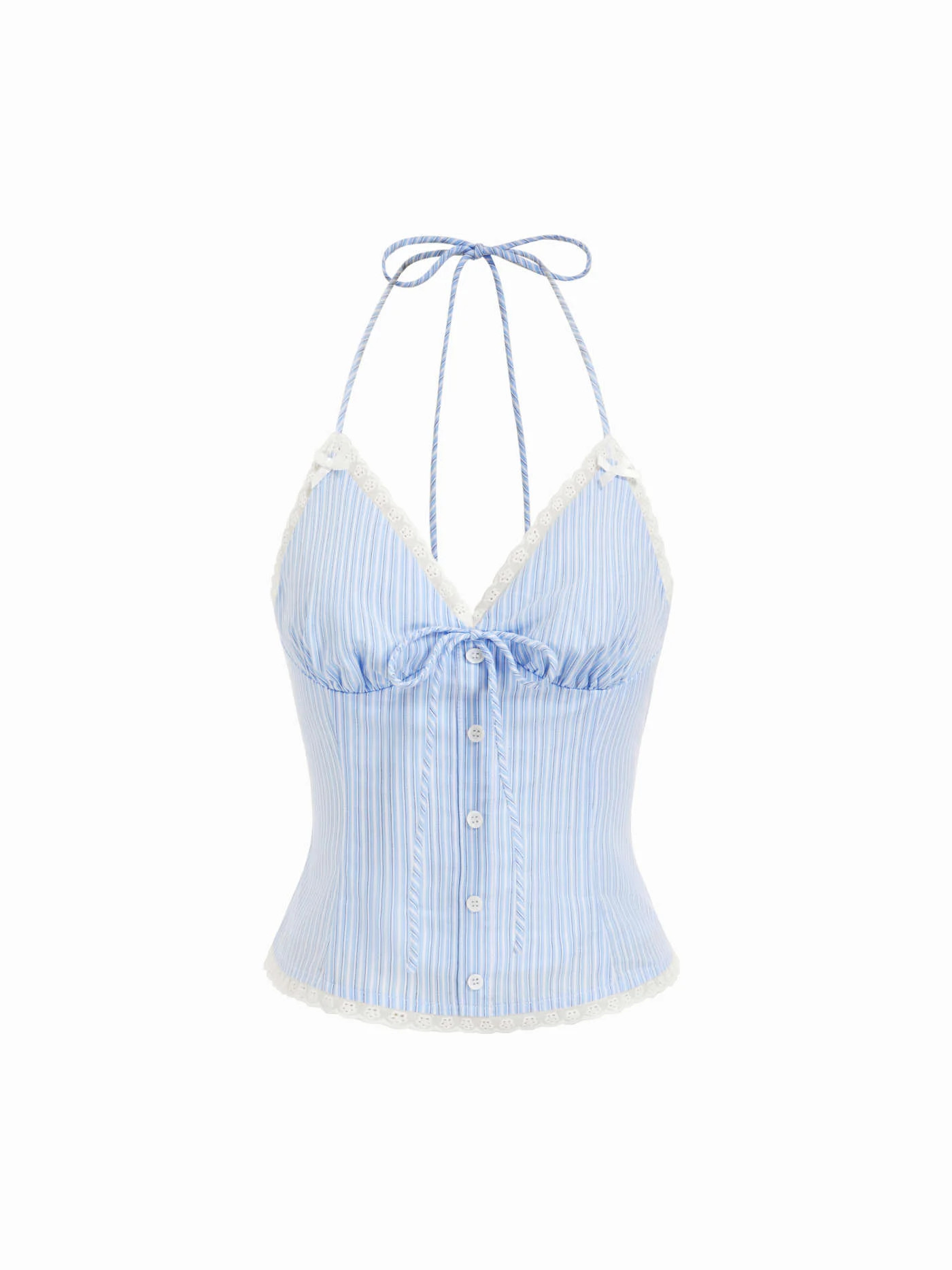 Baumwollmischung Gestreiftes Halstertwist-Knoten-Spitzenbesatz-Schleifen-Cami-Bluse | Cider
