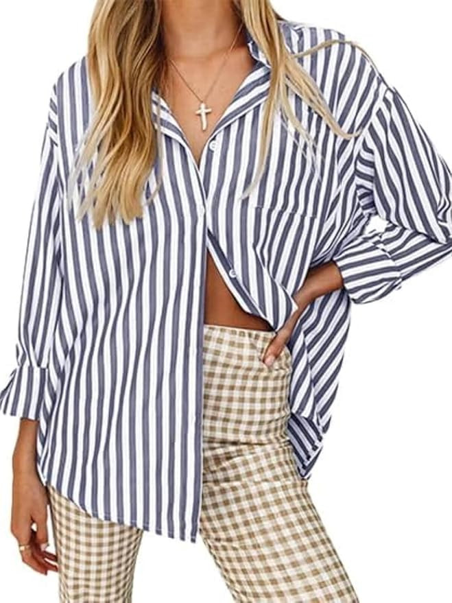Womens Striped Shirts Long Sleeve Button Down Blouses Loose Fit Casual Tops | Amazon (US)