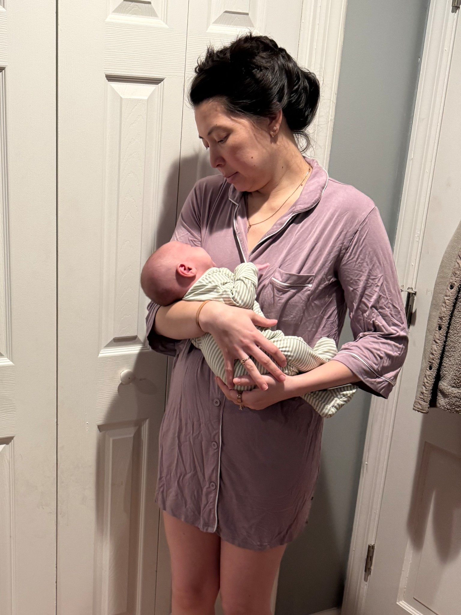 Postpartum uniform option 3

Mumu/labor and delivery gowns with button down access but nothing tight on the bottom! 