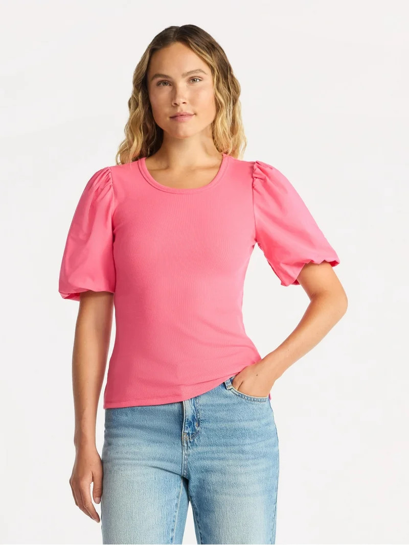 Time and Tru Women's Scoop Neck Mixed Media Top, Sizes XS-XXXL | Walmart (US)