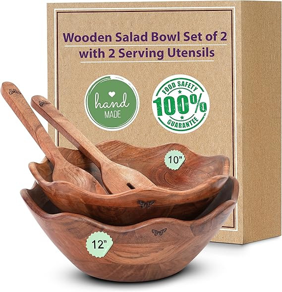Wooden Salad Bowls Set of 2 with 2 Serving Utensils | 10" & 12 inch Extra Large Natural Acacia Wo... | Amazon (US)