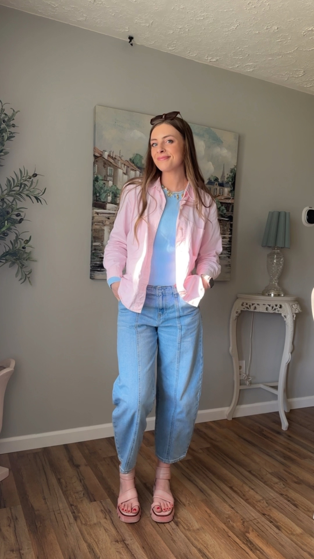 OOTD 4/28/25

Lightweight linen button down, light pink button up beachy open flowy top, blue ribbed knit long sleeve shirt, affordable barrel jeans front seam detail cropped for denim, tall girl friendly jeans, pink leather platform sandals

#LTKSeasonal #LTKSaleAlert #LTKStyleTip