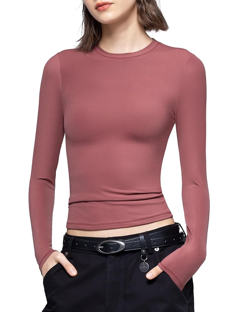 PUMIEY Women's Long Sleeve T Shirts Crew Neck Slim Fit Tops Sexy Basic Tee Smoke Cloud Pro Collec... | Amazon (US)
