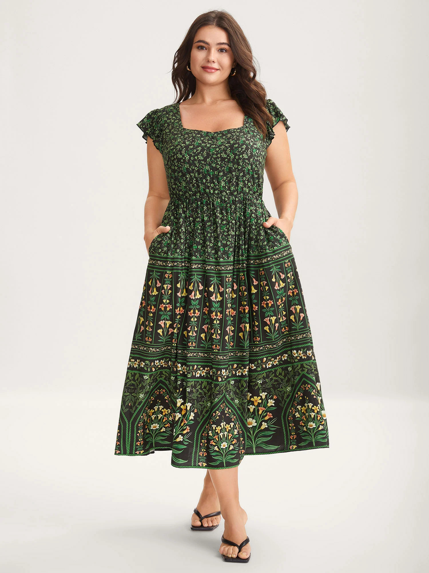 Rayon Garden Fresh Ruffled Sleeve Midi Dress | Bloomchic
