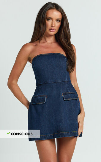 Hannah Playsuit - Denim Strapless A Line Playsuit in Indigo Wash | Showpo (US, UK & Europe)