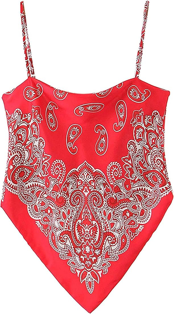 Arjungo Women's Paisley Print Tie Back French Knot Hanky Hem Spaghetti Straps Handkerchief Cami B... | Amazon (US)