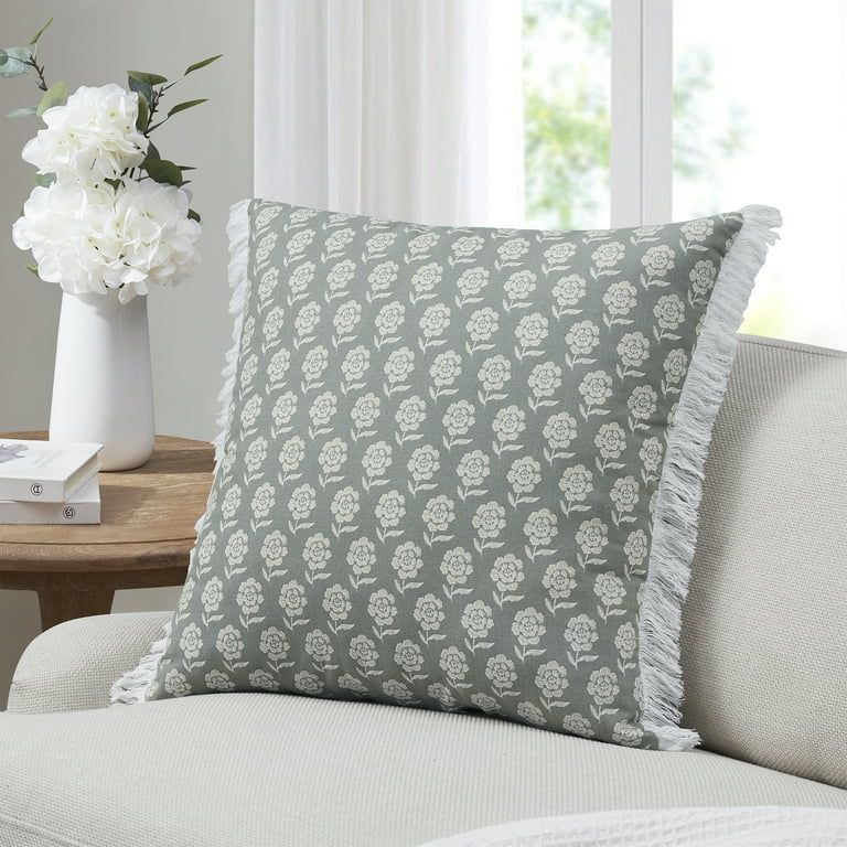 My Texas House 22" x 22" Ivory/Green Meera Floral Fringe Cotton Decorative Pillow | Walmart (US)