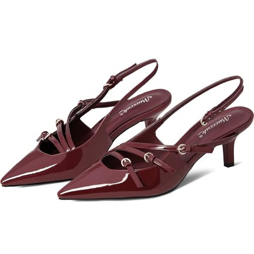 MUCCCUTE Burgundy Kitten Heels for Women Pointed Toe Slingback Low Heels with Buckle Strap Heeled Pumps US Size 7 | Amazon (US)