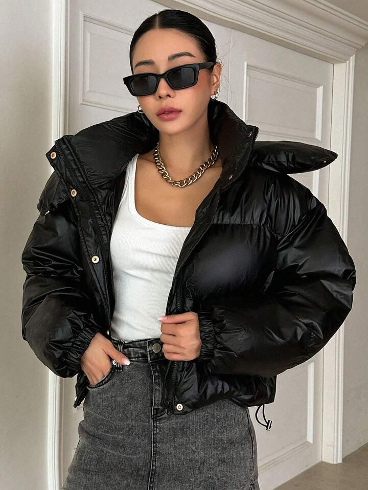 DAZY Daunenjacke Mit Reißverschluss Und Taschen, Dickem Gefüttertem Puffer Und Schnürzug Am Sa... | SHEIN