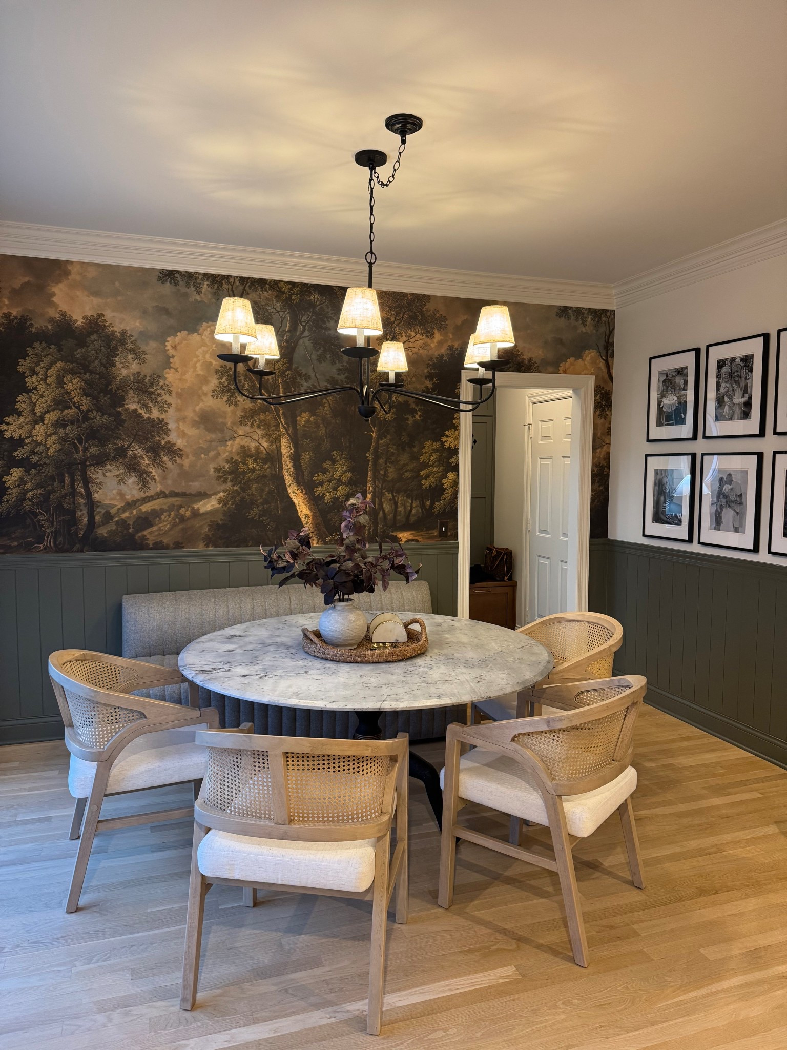 cozy breakfast nook! 

Paint color: SW thunderous
Wall mural: wedded woodlands from wall blush
Frames: hobby lobby 16x20 matted to 11x14 photos 
Table is from CB2 but not available anymore 😭
Bench is my faveeee and the brand is Four Hands! We ordered from graysonliving.com

#LTKHome #LTKHoliday #LTKSaleAlert
