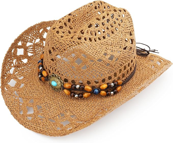Straw Cowboy Hat, Western Cowgirl Hat, Wide Brim Sun Beach Hat for Men and Women | Amazon (US)