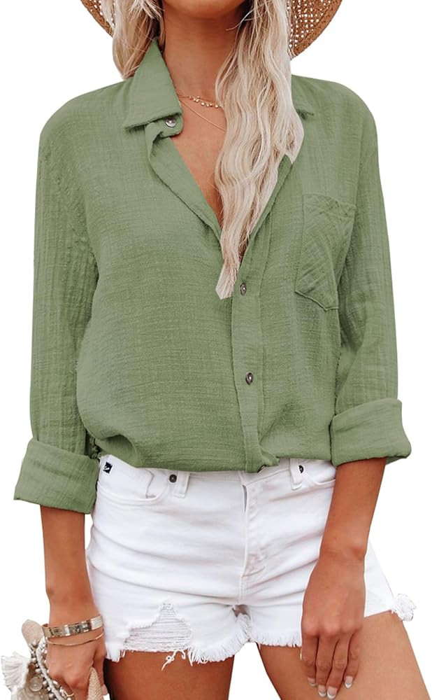 Aoudery Womens Button Down Shirts Cotton Linen Dress Shirt Long Sleeve Blouses Casual Work Solid ... | Amazon (CA)