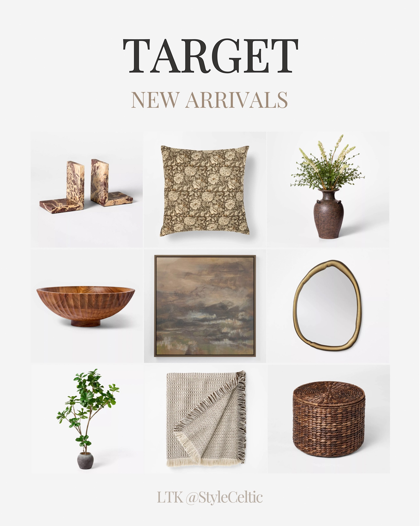 New Target Home Decor Arrivals ✨
.
.
Neutral home decor, target home decor, studio McGee, threshold home decor, home accents, Nordic home decor, brown home decor, beige home decor, brown pillows, brown blanket, abstract gold mirror, brown wall art, neutral wall art, fake plants, house plants, book ends, dining room decor, dining table decor, indoor plants, cozy home decor, new home finds, home deals, arhaus dupes

#LTKFindsUnder100 #LTKHome #LTKStyleTip